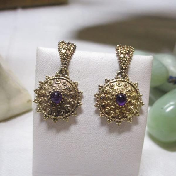Vintage Vermeil Sterling Silver .925 Cannetille Filagree Drop Earrings Amethyst Ludes