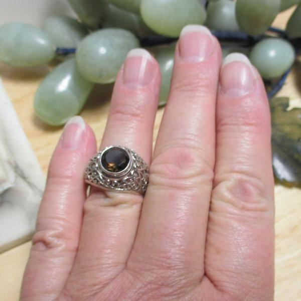 Gr 117 Sterling Silver and Smoky Quartz Reticulated Signet Ring Size 10 1/2