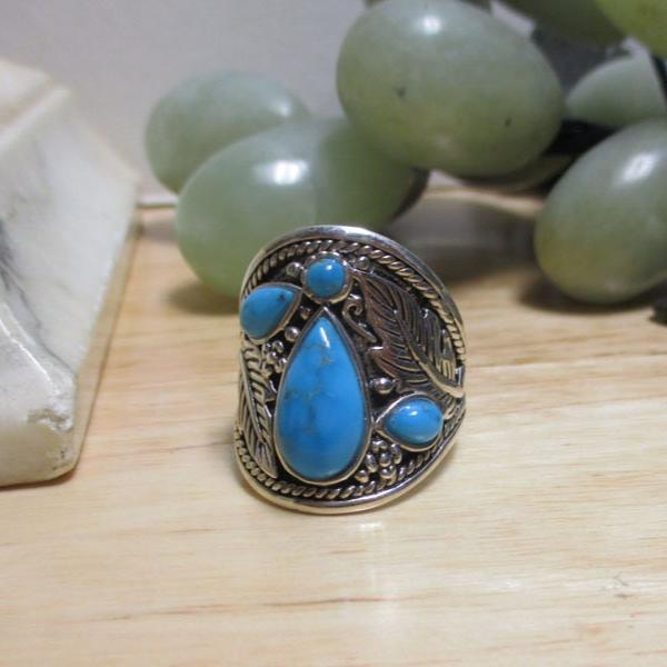 Gr 117 Sterling Silver and Turquoise Cabochons BBJ Signet Ring Size 12 1/2