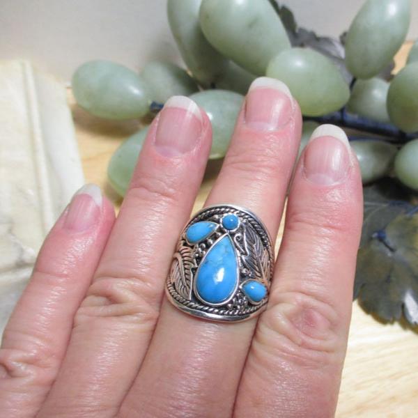 Gr 117 Sterling Silver and Turquoise Cabochons BBJ Signet Ring Size 12 1/2