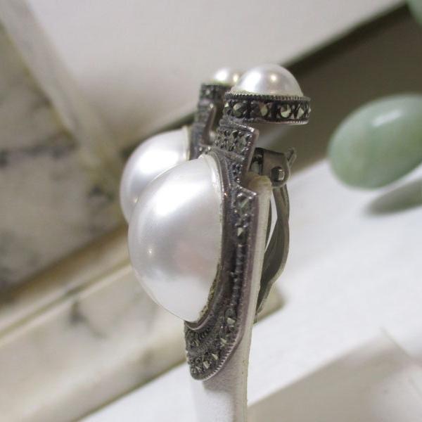 Gr 117 Sterling Silver, Pearl and Marcasite Signed Clip-on Earrings Judith Jack