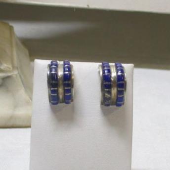 Gr 119 Vintage Navajo Sterling Silver and Channel Inlay Lapis Lazuli Half Hoop Earrings Signed Nakai