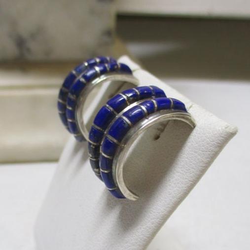 Gr 119 Vintage Navajo Sterling Silver and Channel Inlay Lapis Lazuli Half Hoop Earrings Signed Nakai