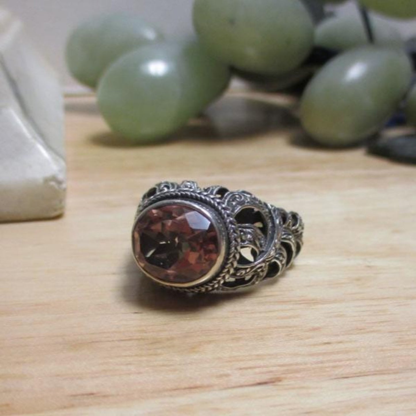 Gr 117 Sarda Balinese Sterling Silver and Pink Quartz Reticulated Signet Ring Size 12 1/2