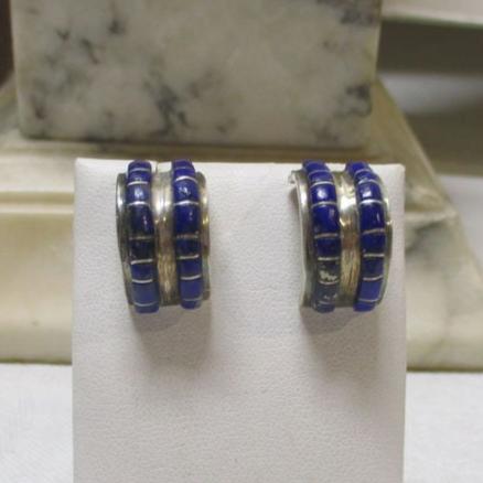 Vintage Navajo Sterling Silver and Channel Inlay Lapis Lazuli Half Hoop Earrings Signed Nakai