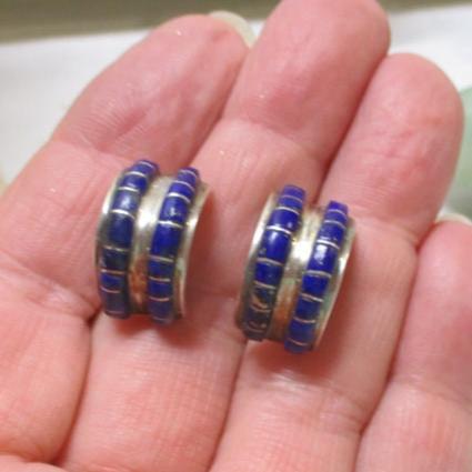 Gr 119 Vintage Navajo Sterling Silver and Channel Inlay Lapis Lazuli Half Hoop Earrings Signed Nakai