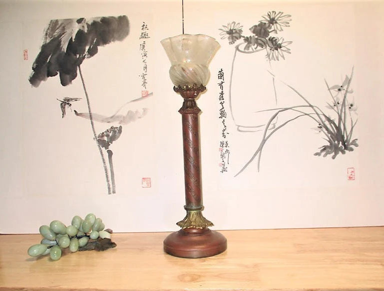 Victorian Bronze and Acid Etched Swirl Art Glass Torchiere Lamp