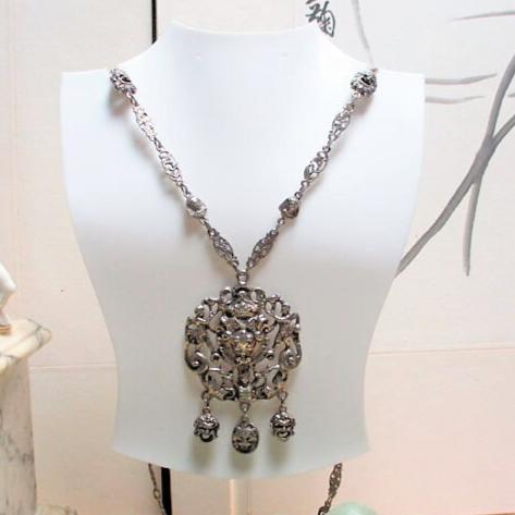 Italian Silver Renaissance Revival Peruzzi Necklace Gargoyle Masks