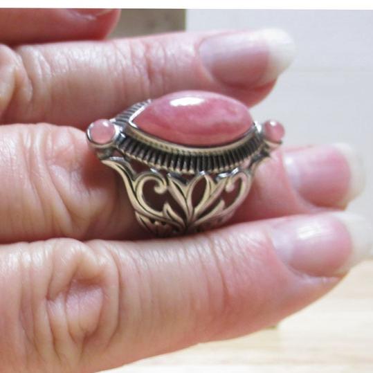 Gr 120 Sarda Bali Sterling Silver and Rhodochrosite Reticulated Floral Statement Ring Size 12 1/4