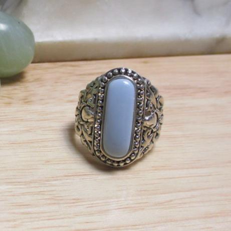 Gr 120 Sterling Silver and Blue Agate Cabochon BBJ Signet Ring Size 12 1/2