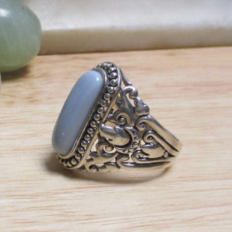Gr 120 Sterling Silver and Blue Agate Cabochon BBJ Signet Ring Size 12 1/2
