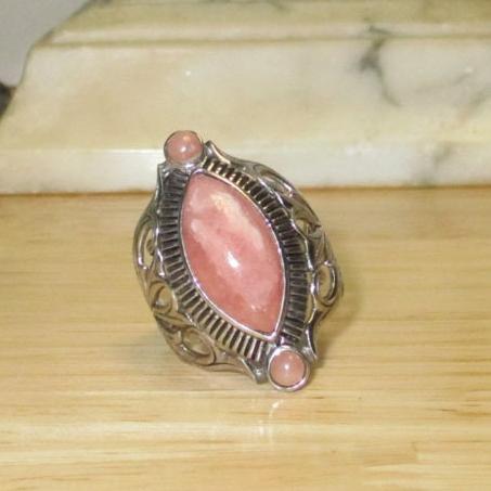 Gr 120 Sarda Bali Sterling Silver and Rhodochrosite Reticulated Floral Statement Ring Size 12 1/4
