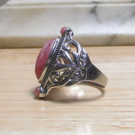 Gr 120 Sarda Bali Sterling Silver and Rhodochrosite Reticulated Floral Statement Ring Size 12 1/4