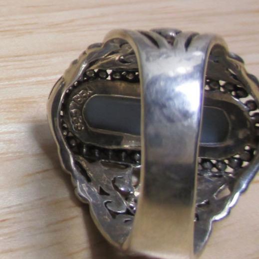 Gr 120 Sterling Silver and Blue Agate Cabochon BBJ Signet Ring Size 12 1/2