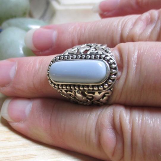 Gr 120 Sterling Silver and Blue Agate Cabochon BBJ Signet Ring Size 12 1/2