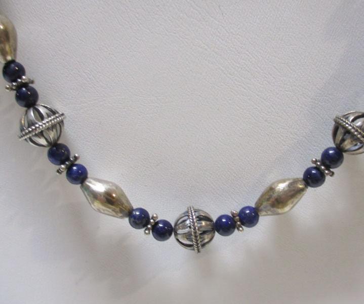 Gr 120 Sterling Silver and Lapis Lazuli Beaded Necklace 31" Hook Clasp Bench-made Silver Beads