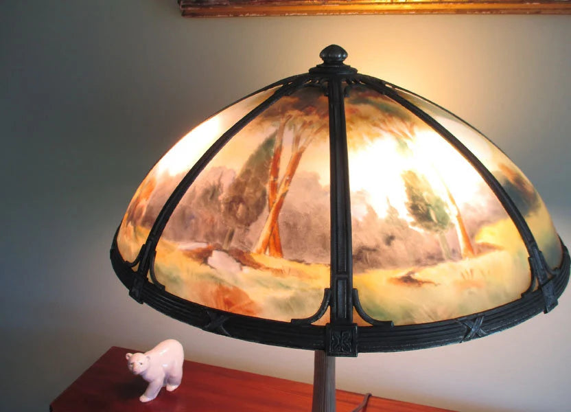 Signed Miller Glue Chip Reverse Painted Table Lamp
