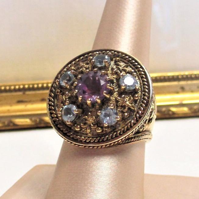 Sterling Silver Vermeil, Amethyst and Aquamarine Dome Ring Size 9 1/2