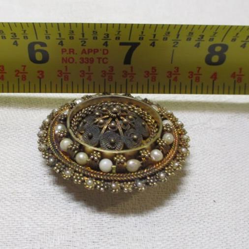 Gr 122 Vintage Israel Sterling Silver Vermeil .925 Cannetille Filigree Pearl Brooch Pendant