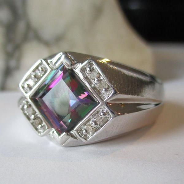 Gr 122 Sterling Silver, Mystic Topaz and 1/10 Carat Diamond Signet Ring Size 11