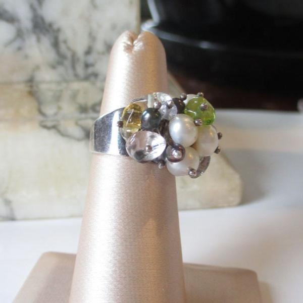 Gr 122 Sterling Silver, Pearl and Gemstone Cha Cha Cigar Band Ring Size 6 Hand Made