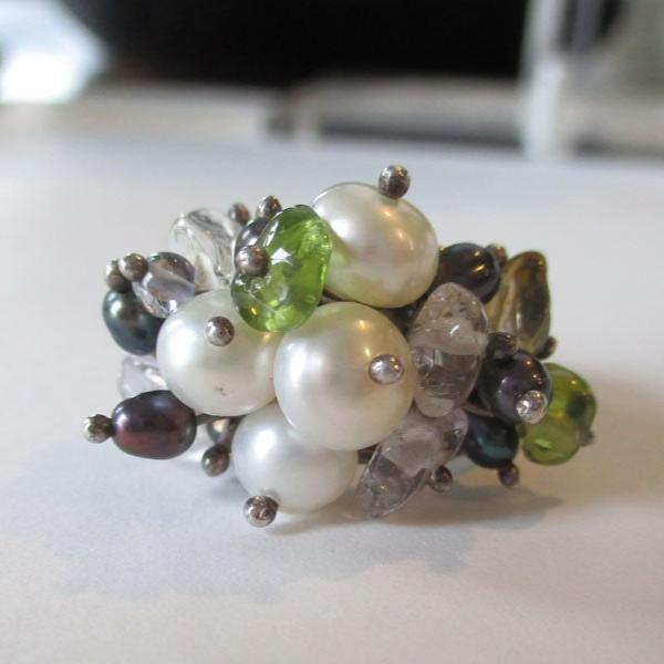 Gr 122 Sterling Silver, Pearl and Gemstone Cha Cha Cigar Band Ring Size 6 Hand Made