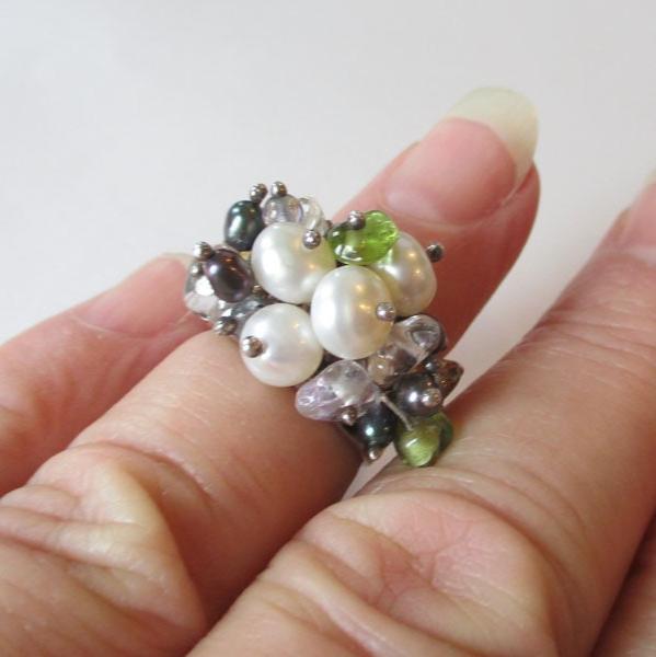 Gr 122 Sterling Silver, Pearl and Gemstone Cha Cha Cigar Band Ring Size 6 Hand Made