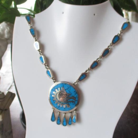Sterling Silver and Turquoise Taxco Inlaid Necklace Tribal Eagle Arte en Plata Jacopo Brothers