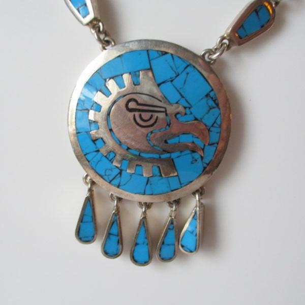 Gr 124 Sterling Silver and Turquoise Taxco Inlaid Necklace Tribal Eagle Arte en Plata Jacopo Brothers