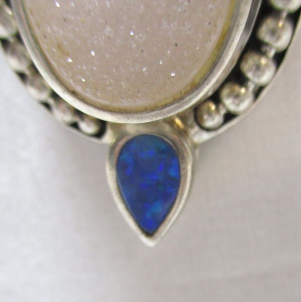 Gr 126 Whitney Kelly Sterling Silver, Lapis Lazuli, and Druzy Quartz Drop Pendant 2" Long and 20" Chain