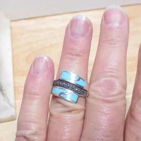 Gr 127 Art Deco Sterling Silver, Marcasite and Turquoise Bypass Ring Size 9