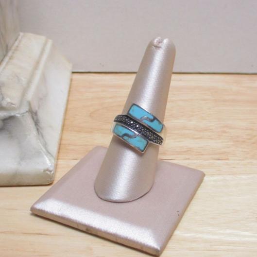Gr 127 Art Deco Sterling Silver, Marcasite and Turquoise Bypass Ring Size 9