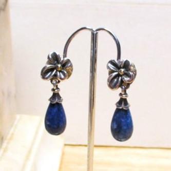 Signed Ann King Sterling Silver, 18K Gold and Lapis Lazuli Drop Earrings