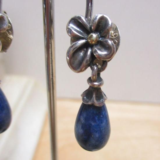 Gr 127 Signed Ann King Sterling Silver, 18K Gold and Lapis Lazuli Drop Earrings