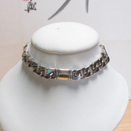 Heavy Sterling Silver and Solid 18K Gold Station Curb Link Figaro Bracelet 8 1/4"