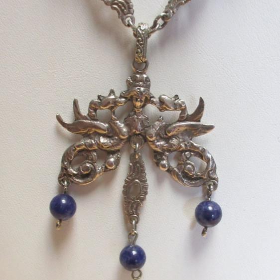 Gr 129 Peruzzi 800 Silver and Lapis Lazuli Renaissance Revival Gothic Necklace Dragons