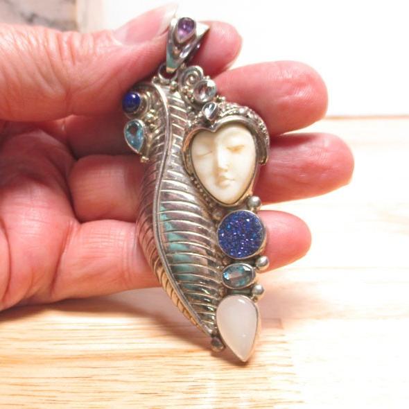 Huge Sterling Silver Sajen Multi-gemstone Goddess Pendant 3 1/4" Long