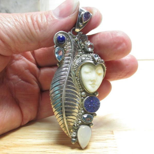 Gr 128 Huge Sterling Silver Sajen Multi-gemstone Goddess Pendant 3 1/4" Long