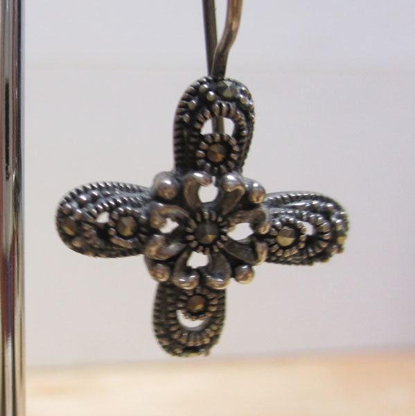 Gr 130 Art Deco Sterling Silver and Marcasite Stylized Cross Drop Earrings