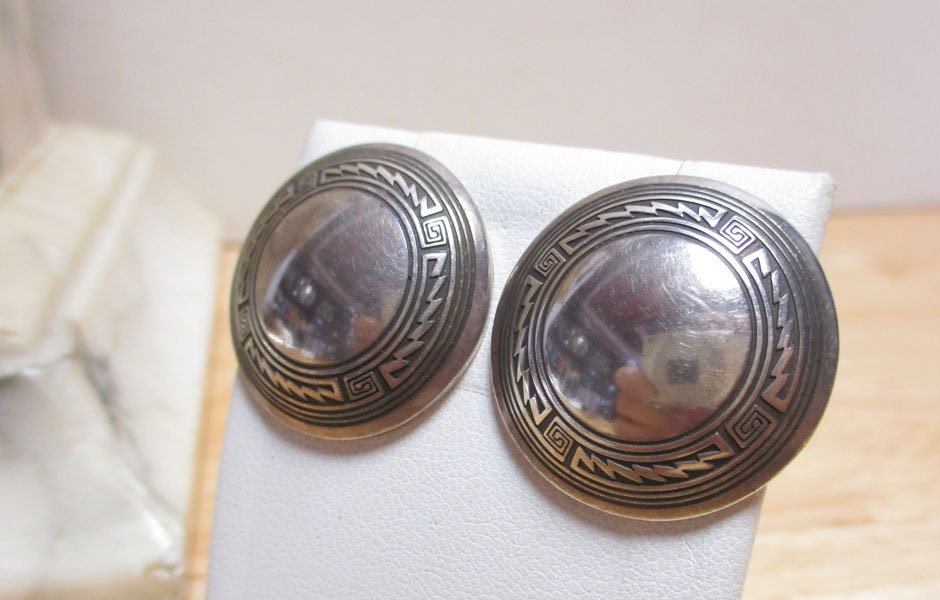 Vintage Southwestern TSM The Silver Mesa Sterling Silver Hand-Stamped Post Earrings 1" Long
