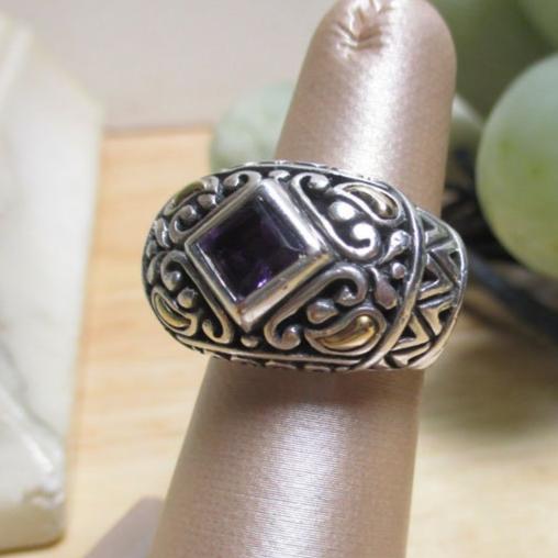 Samuel Benham Sterling Silver and 18 Kt Gold Mixed Metal BJC Amethyst Ring Size 6 1/2