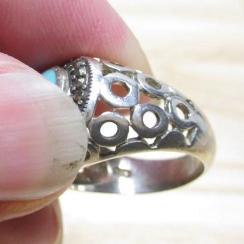 Gr 132 Art Deco Sterling Silver, Marcasite and Turquoise Signet Ring Size 7