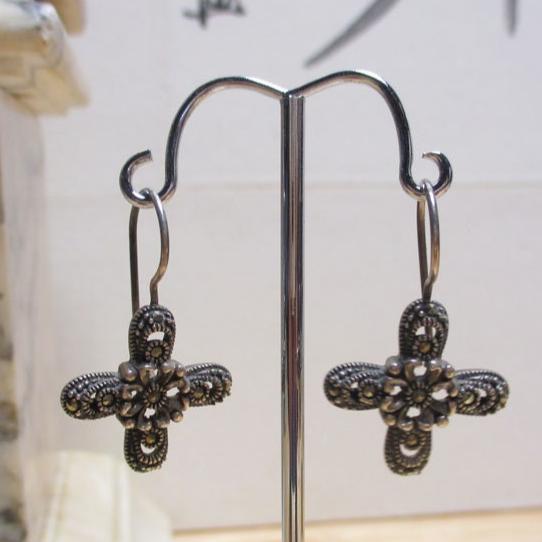 Art Deco Sterling Silver and Marcasite Stylized Cross Drop Earrings