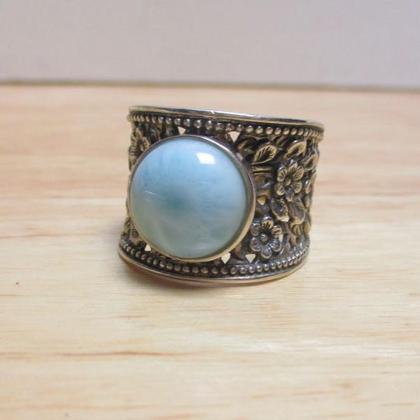 Gr 134 Sterling Silver and Larimar Reticulated Floral Signet Ring Size 12 1/4