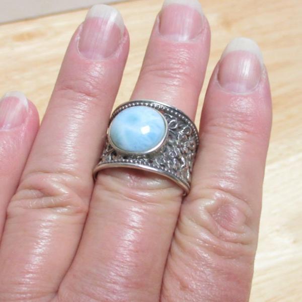 Gr 134 Sterling Silver and Larimar Reticulated Floral Signet Ring Size 12 1/4