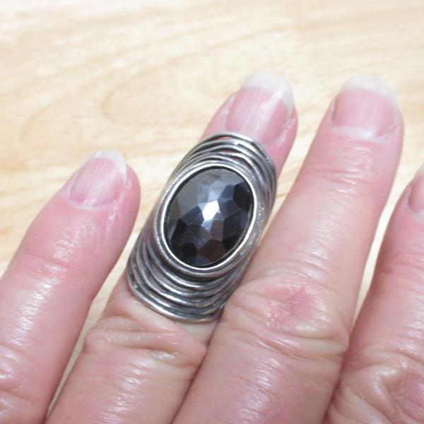 Gr 134 Sterling Silver & Faceted Onyx Or Paz Israel Statement Ring Size 6