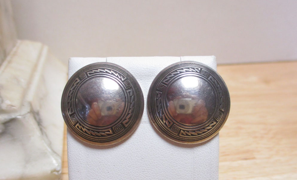 Gr 131 Vintage Southwestern TSM The Silver Mesa Sterling Silver Hand-Stamped Post Earrings 1" Long