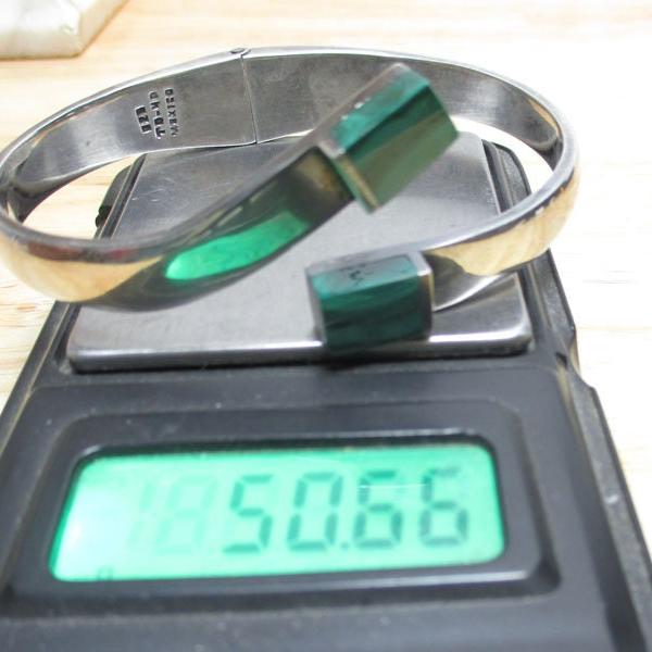 Gr 135 Taxco Sterling Silver and Malachite Inlaid Bangle Bypass Clamper Bracelet Heavy 50.66 Grams