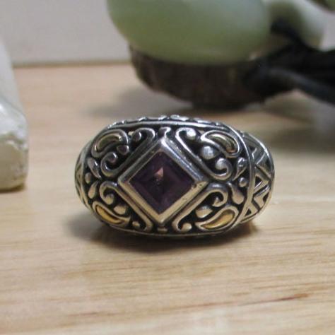 Gr 131 Samuel Benham Sterling Silver and 18 Kt Gold Mixed Metal BJC Amethyst Ring Size 6 1/2