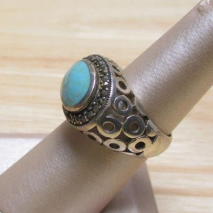 Gr 132 Art Deco Sterling Silver, Marcasite and Turquoise Signet Ring Size 7